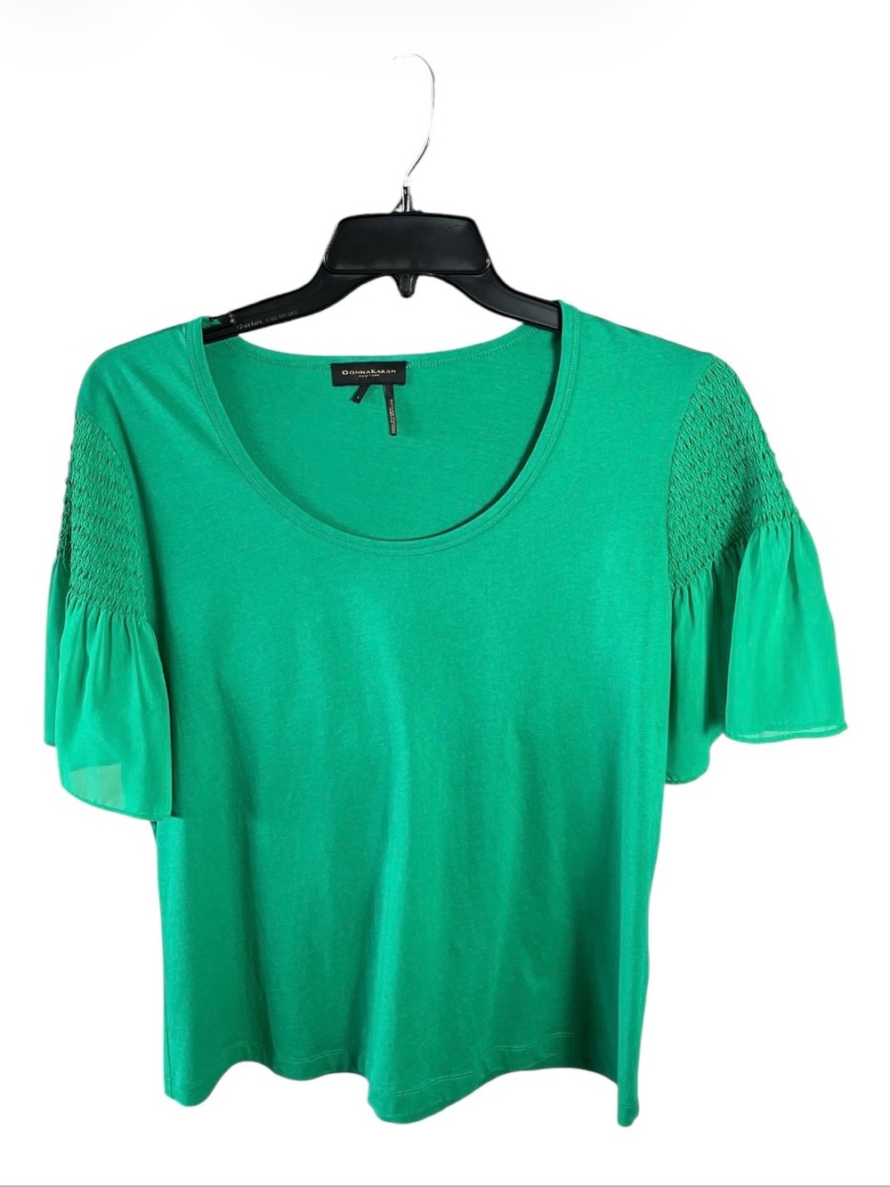 Donna Karan Kelly Green Smocked Flutter Sleeve Scoop Neck Top Size L 22”Pit